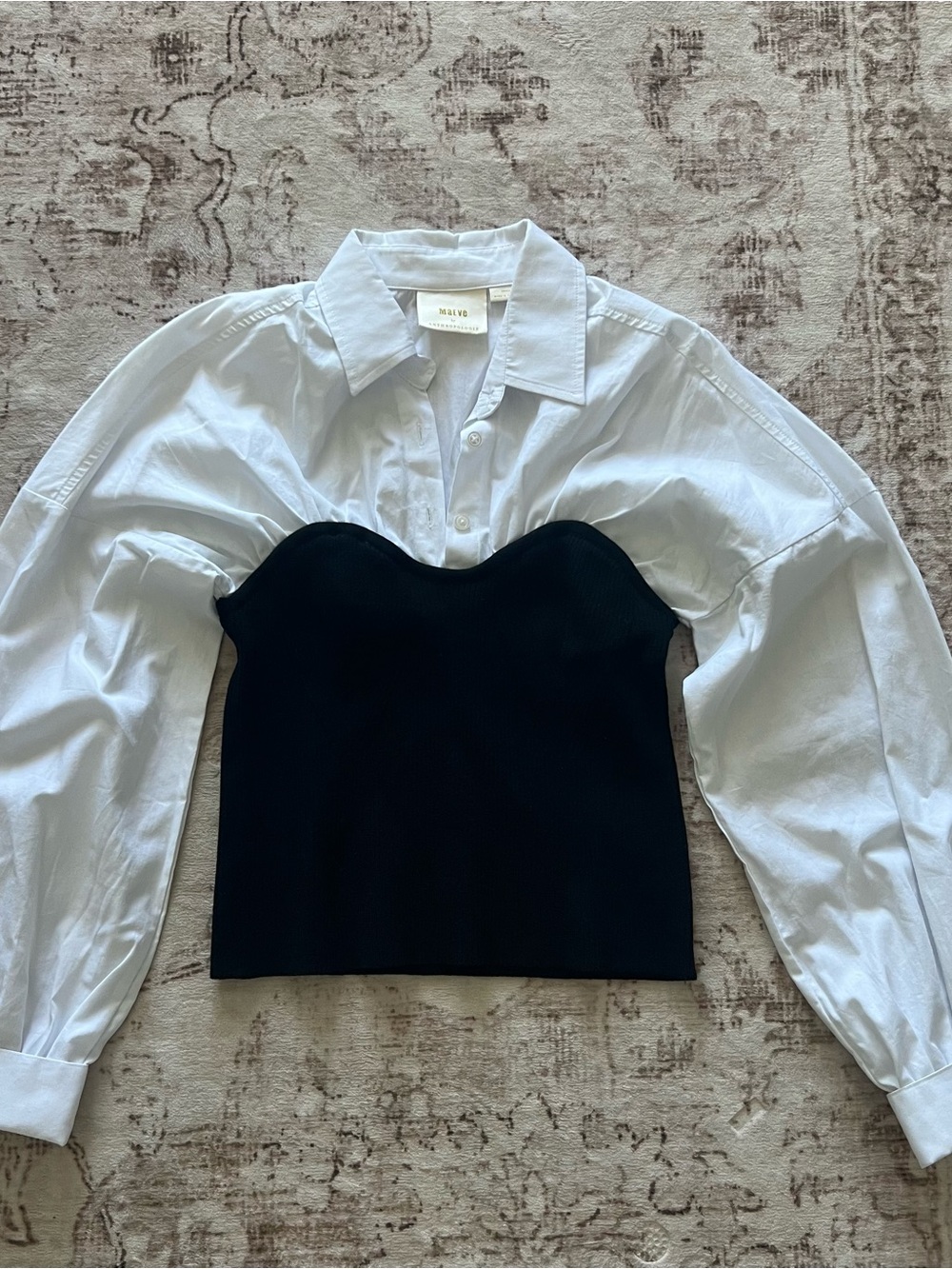 Anthropologie Black Bustier Over White Button-Down Shirt